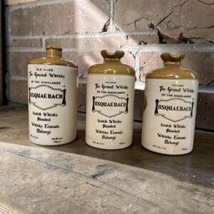 Vintage Usquaebach Scotch Whisky Stoneware Flagon Jugs Set 3‎ Ceramic Decanters